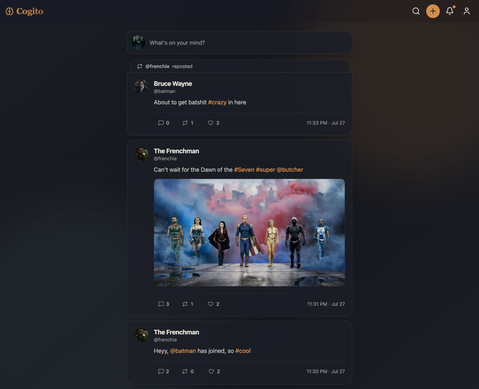 Cogito home feed in dark mode on desktop, showing reposts, hashtags, mentions, and an image entry