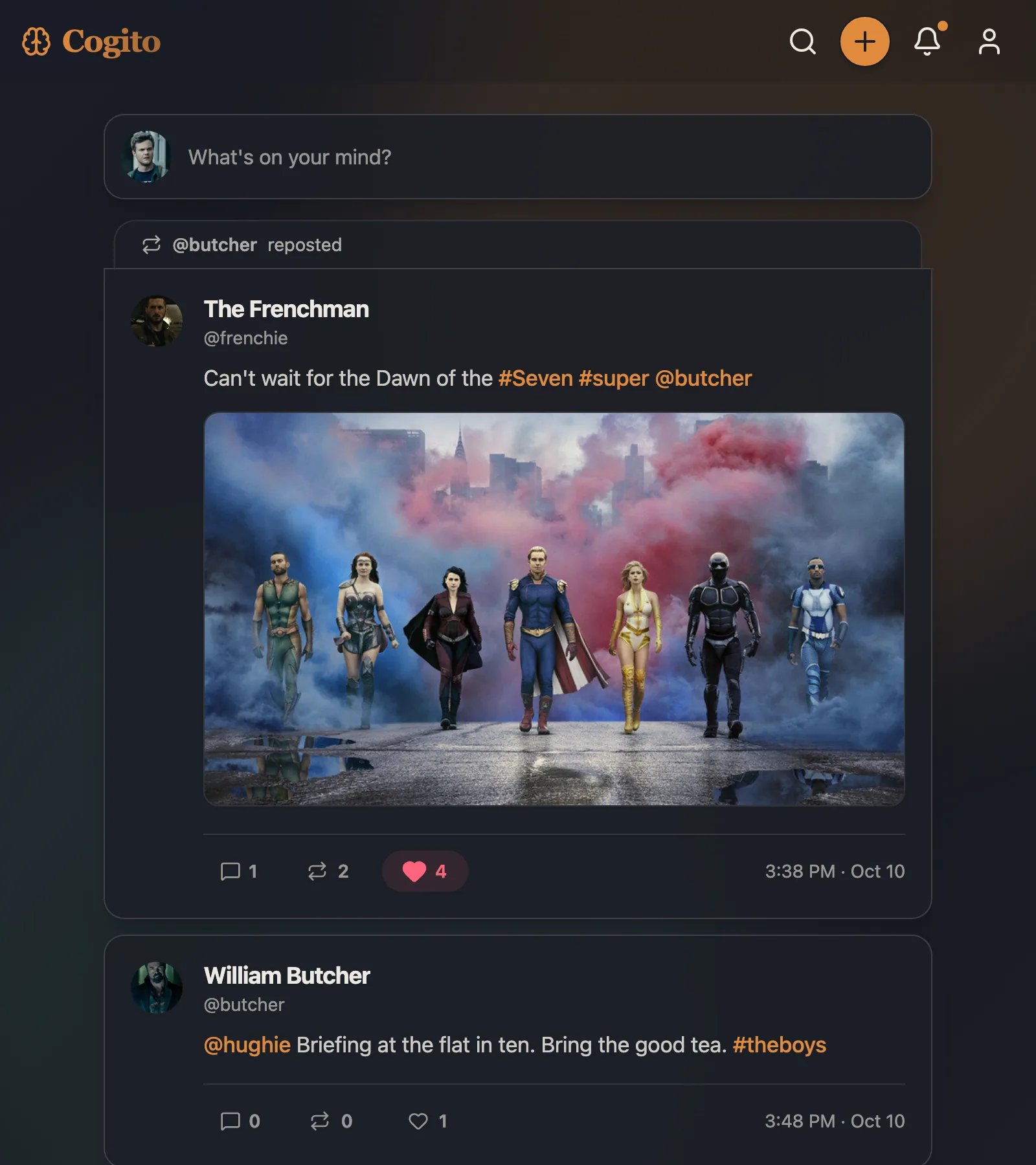 Cogito home feed in dark mode on desktop, showing a repost with an image, liked posts, mentions, hashtags, and a notification indicator