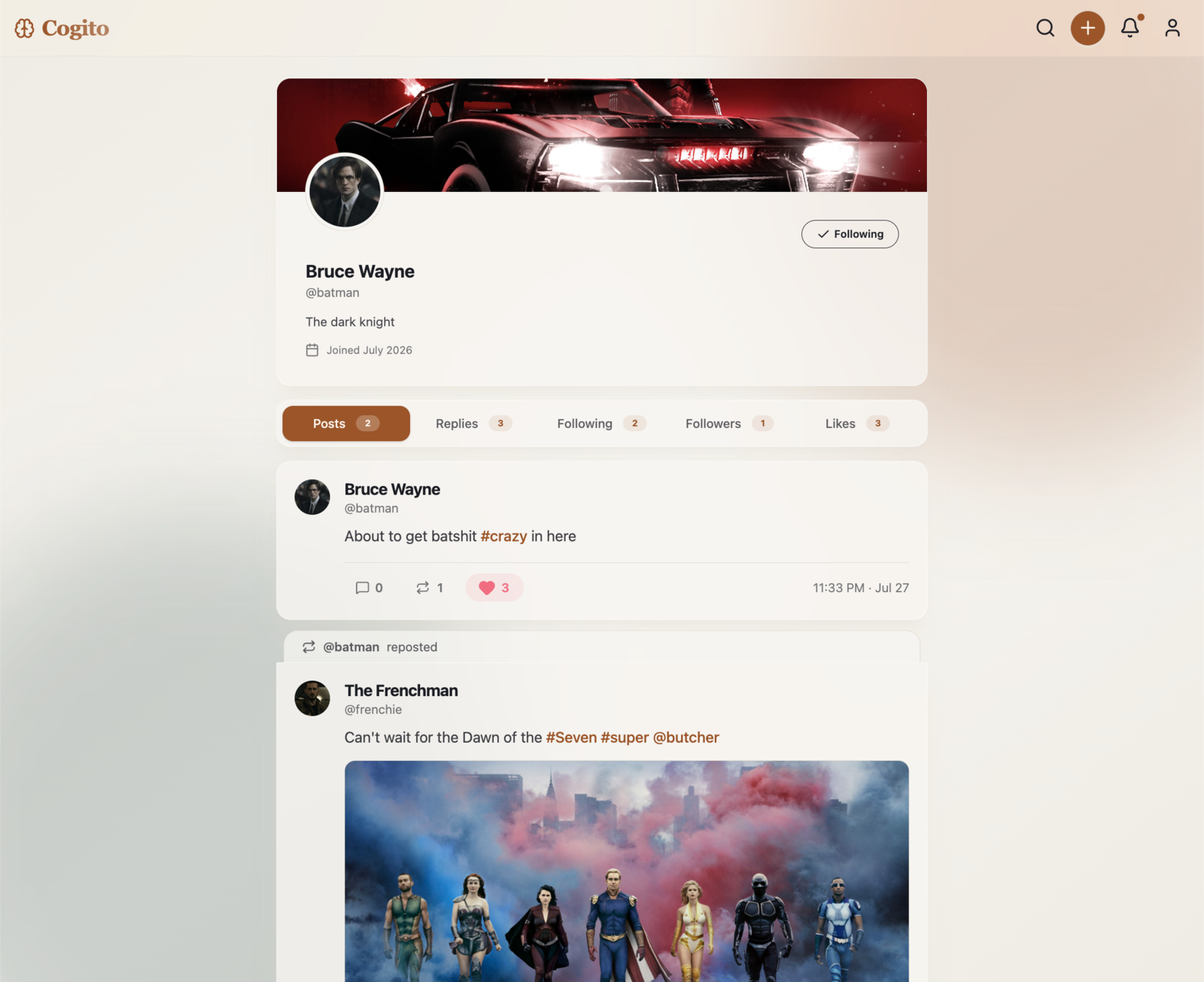 Cogito profile page in light mode on desktop, showing a cover photo, bio, and content tab