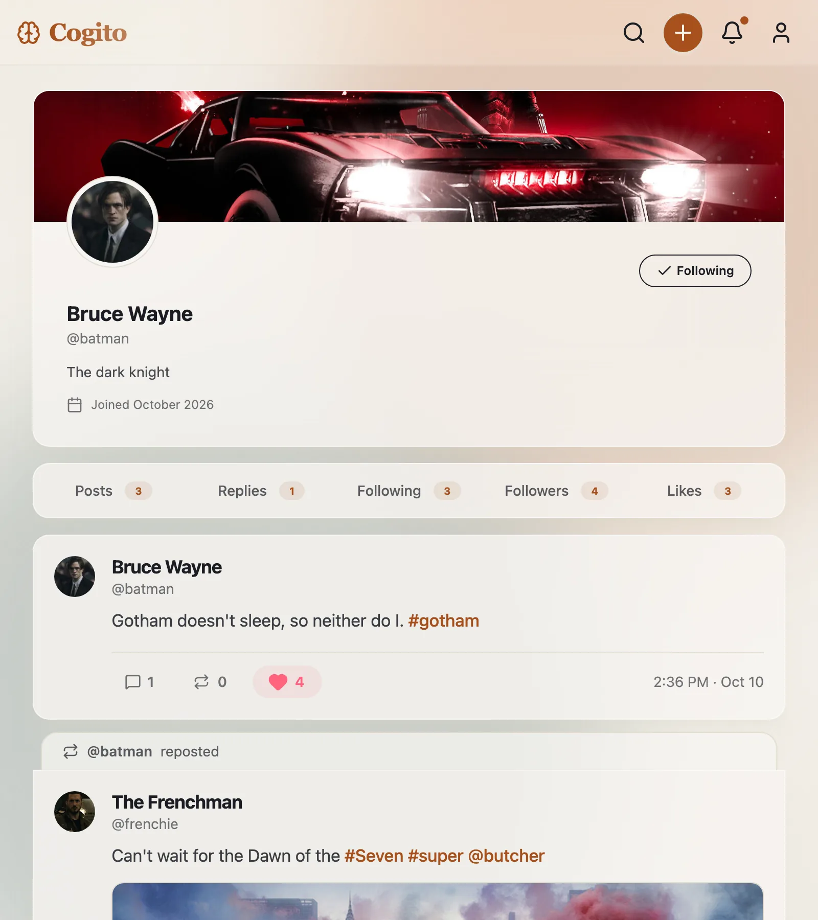 Cogito profile page in light mode on desktop, viewed by a follower, showing a cover photo, bio, profile tabs, liked and reposted posts, and a notification indicator