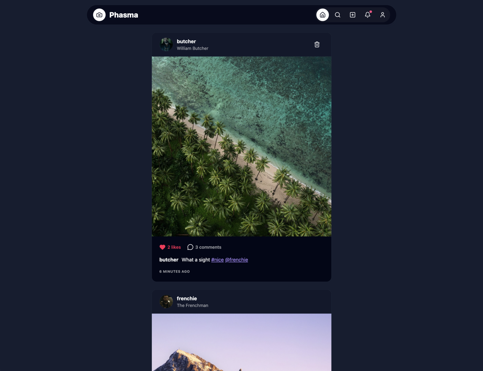 Phasma home feed in dark mode on desktop, showing a photo entry with likes, comments, hashtags, and a mention
