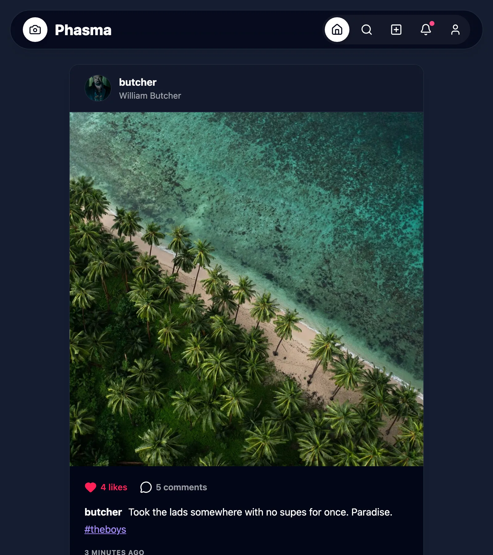 Phasma home feed in dark mode on desktop, showing a liked photo post with comments, a hashtag, and a notification indicator