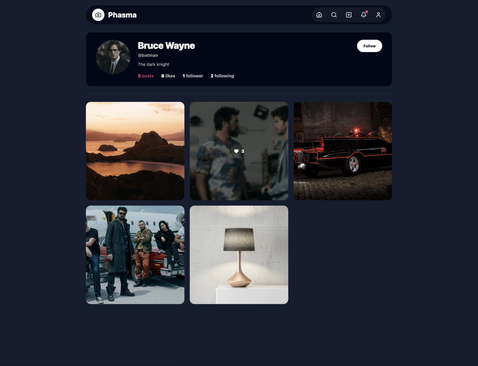 Phasma profile page in dark mode on desktop, showing a bio, follower counts, and a photo grid