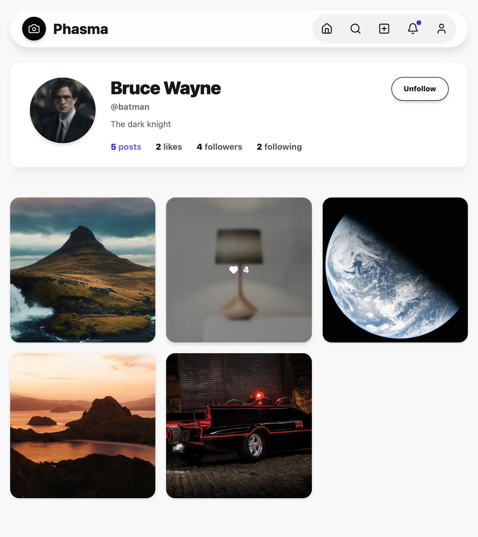 Phasma profile page in light mode on desktop, viewed by a follower, showing a bio, follower counts, and a photo grid with one post hovered to show its likes