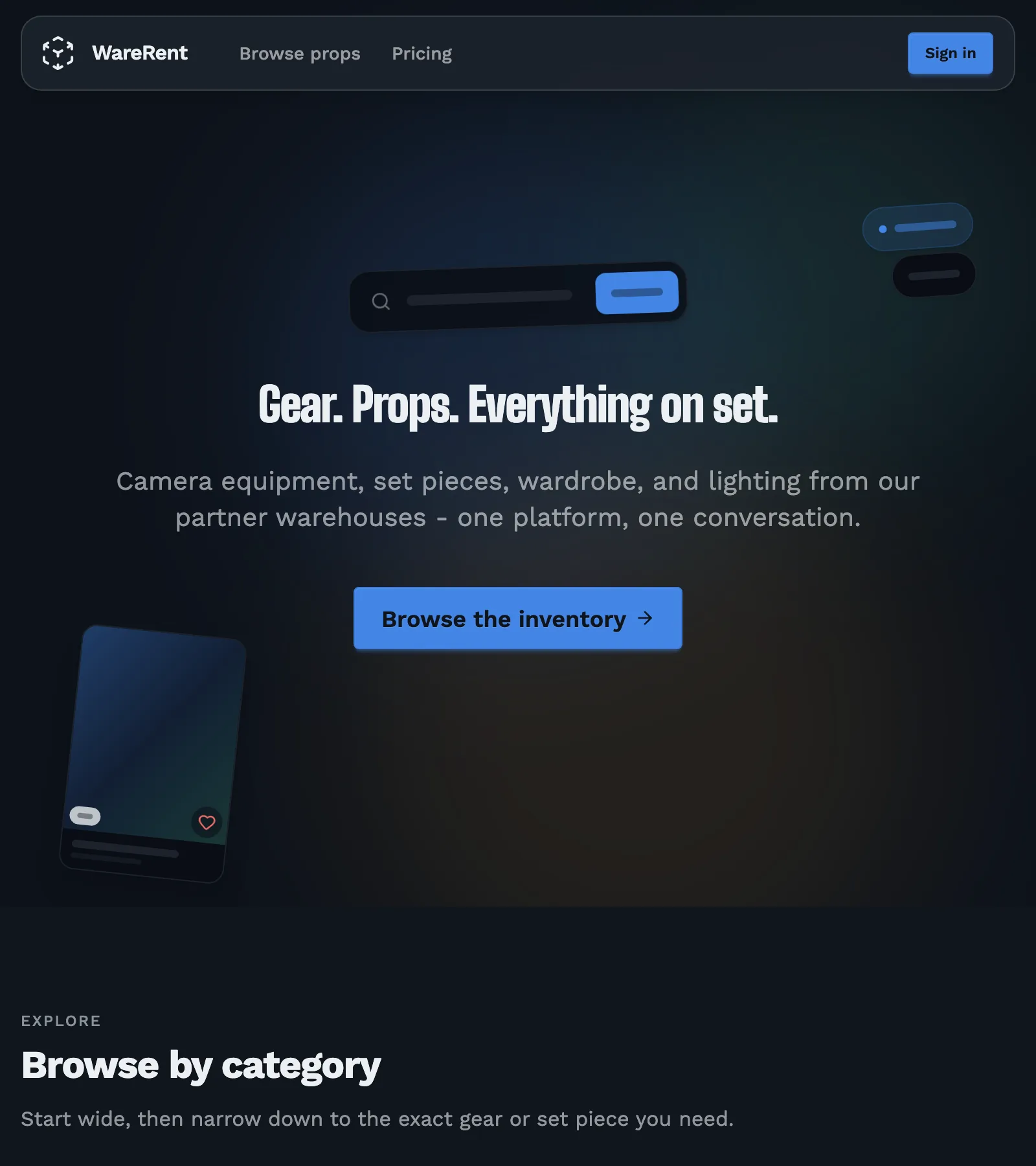 WareRent landing page in dark mode on desktop, showing the search bar, hero copy, and category browse entry points