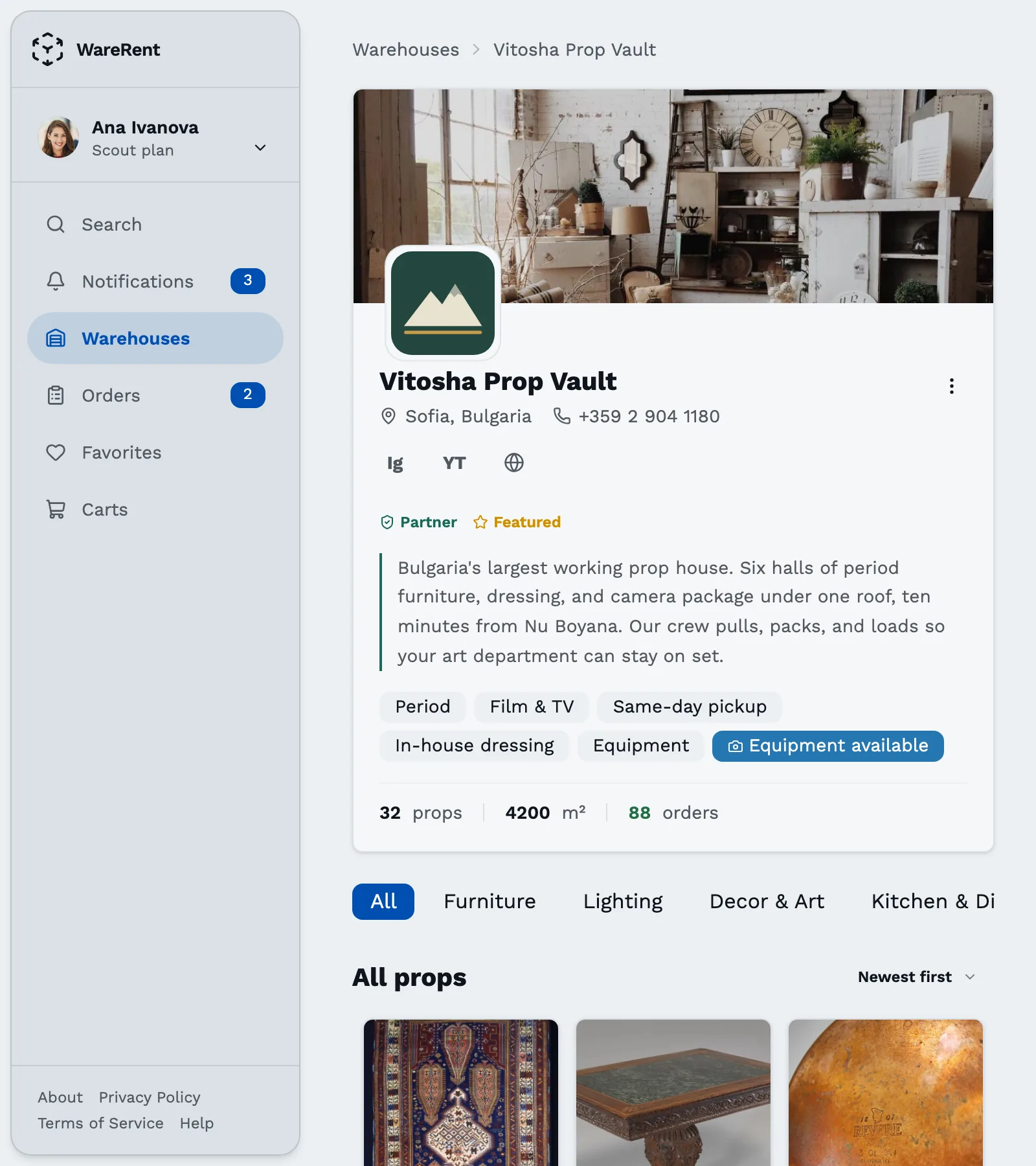 WareRent warehouse page in light mode on desktop, signed in as a renter, showing the app sidebar, warehouse banner, profile and specialties, and a grid of rentable props